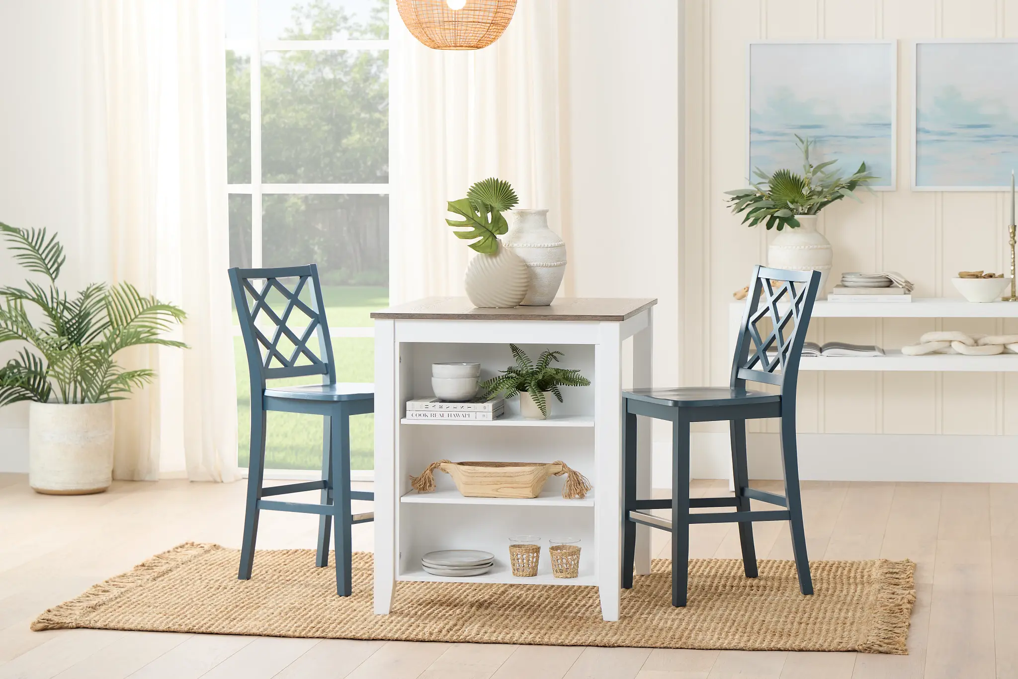 Edgartown Two-tone Storage High Table & 2 Navy Wood Barstools Edgartown Two-tone Storage High Table & 2 Navy Wood Barstools