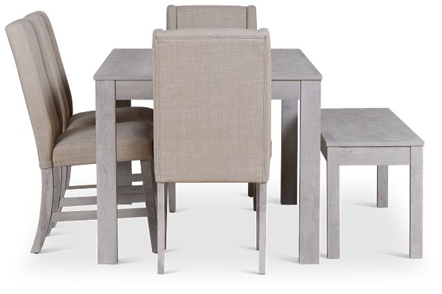 Delray White Rect Table, 4 Chairs & Bench