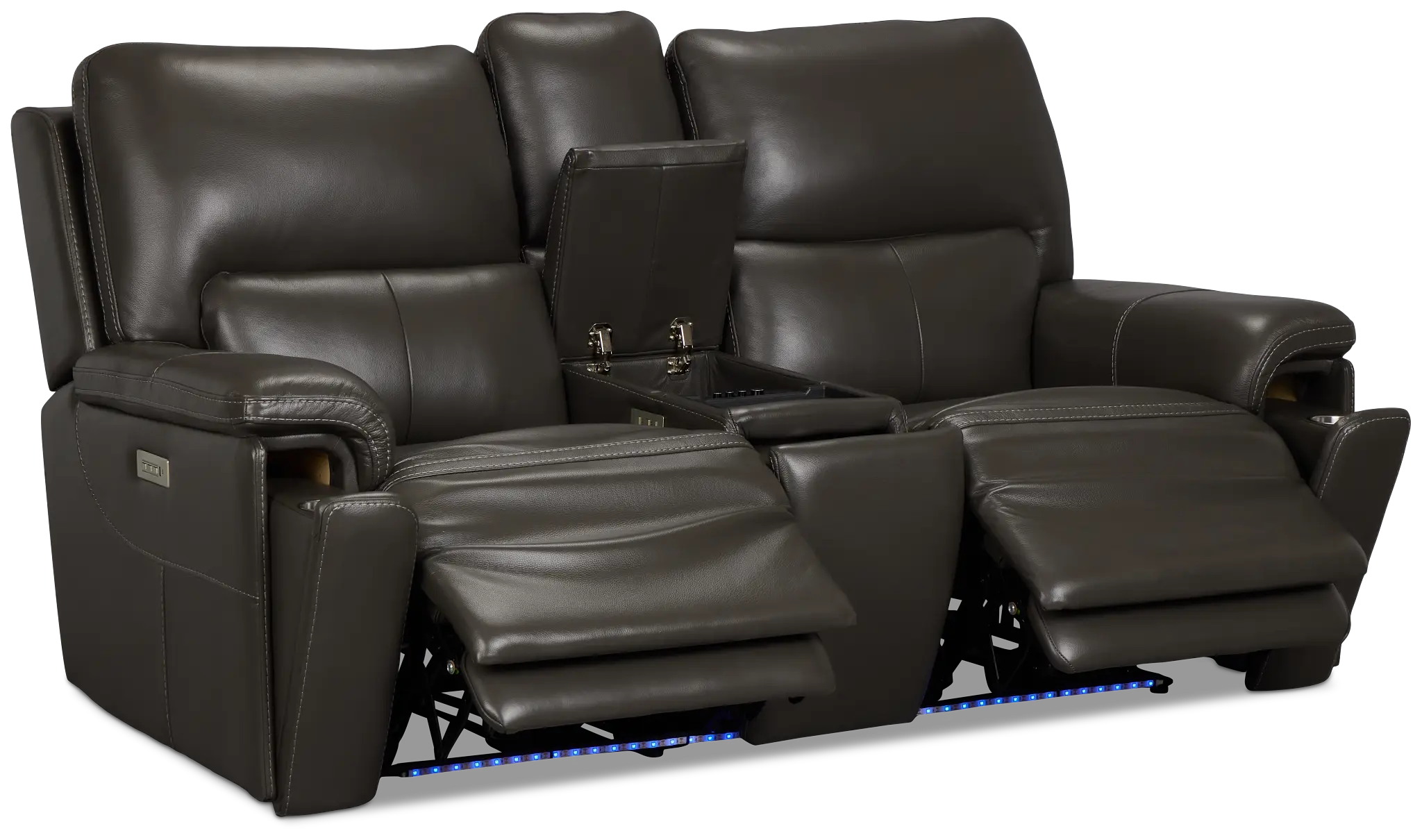 Fallon Dark Gray Leather/Vinyl Power Reclining Console Loveseat with Massage Fallon Dark Gray Leather/Vinyl Power Reclining Console Loveseat with Massage