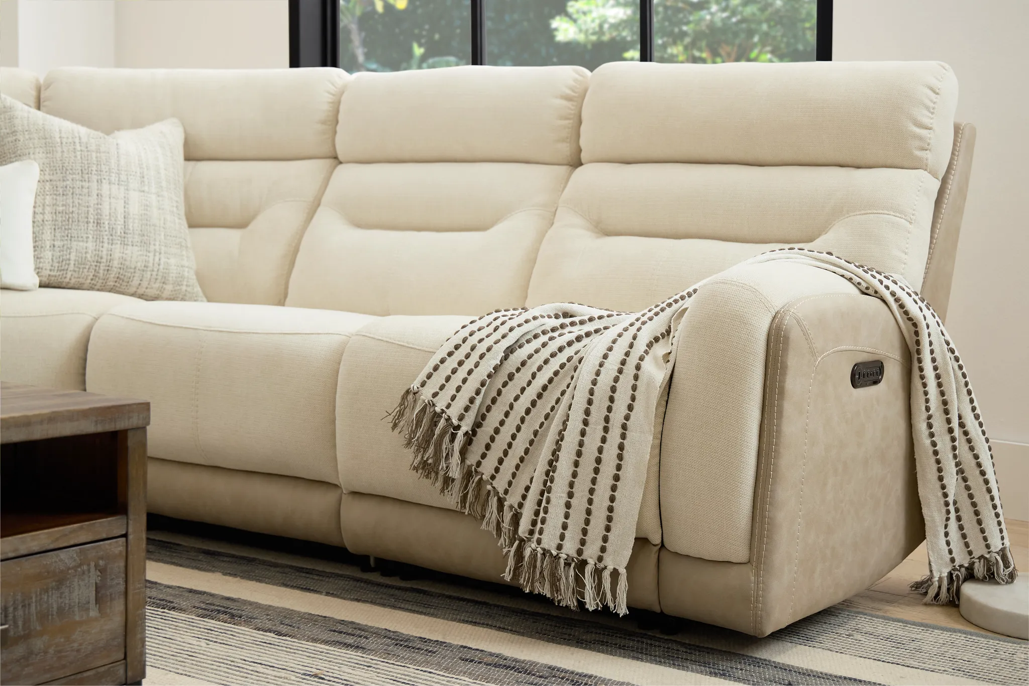 Travis Light Beige Fabric Small Two-arm Power Reclining Sectional