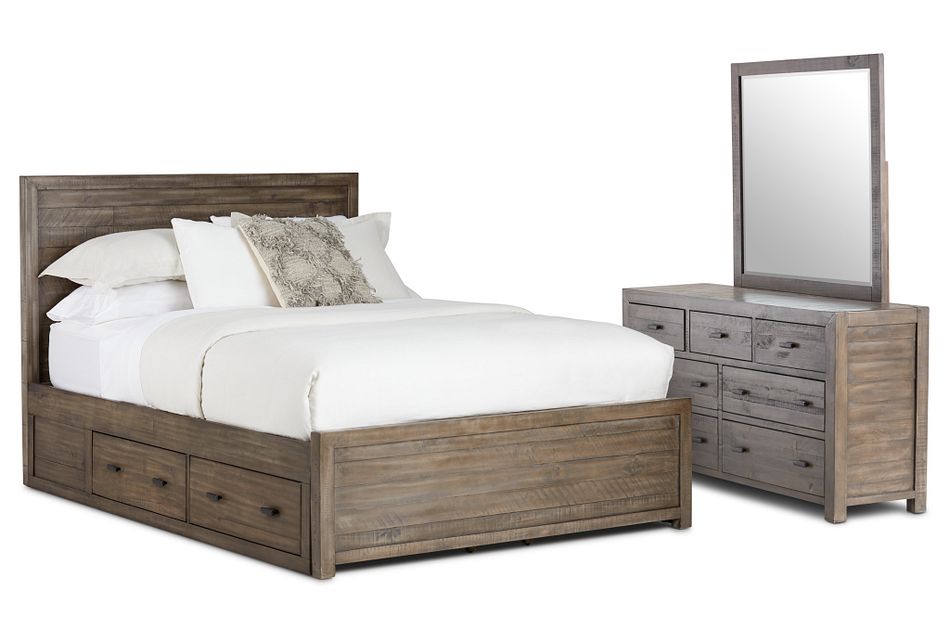 The rectangular bench is thickly upholstered and features a modern floral print. seattle gray wood platform storage bedroom