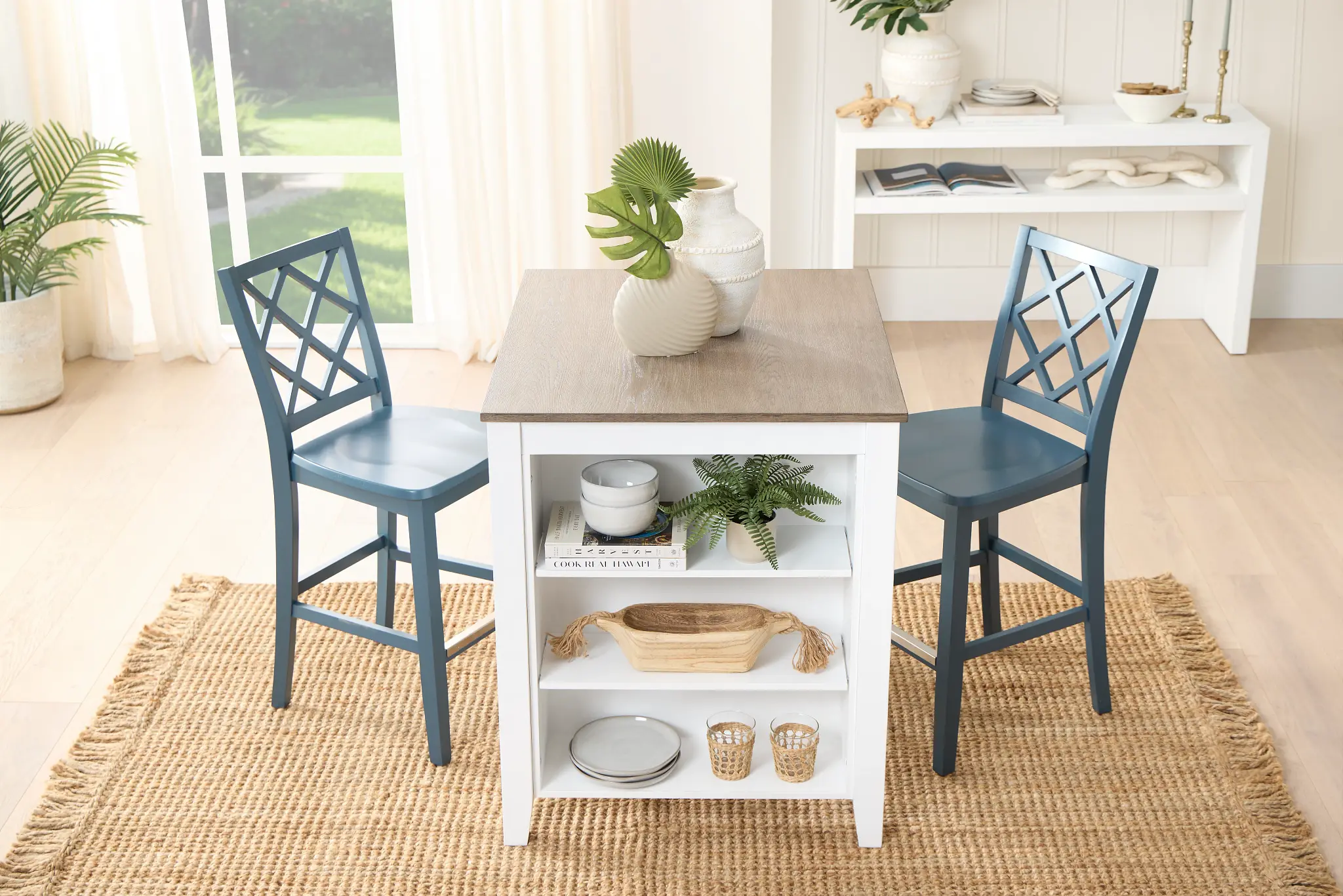 Edgartown Two-tone Storage High Table & 2 Navy Wood Barstools Edgartown Two-tone Storage High Table & 2 Navy Wood Barstools