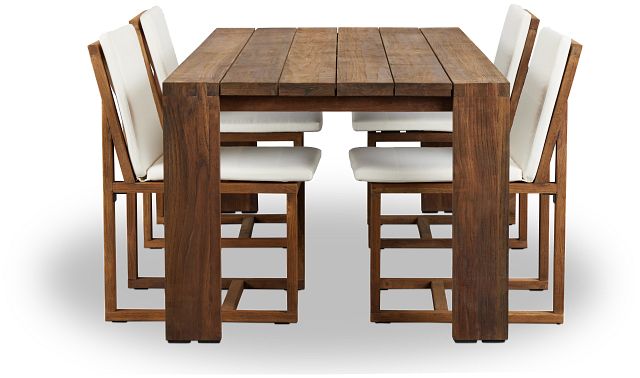 Linear Dark Gray White 82" Teak Table & 4 Teak Cushioned Side Chairs