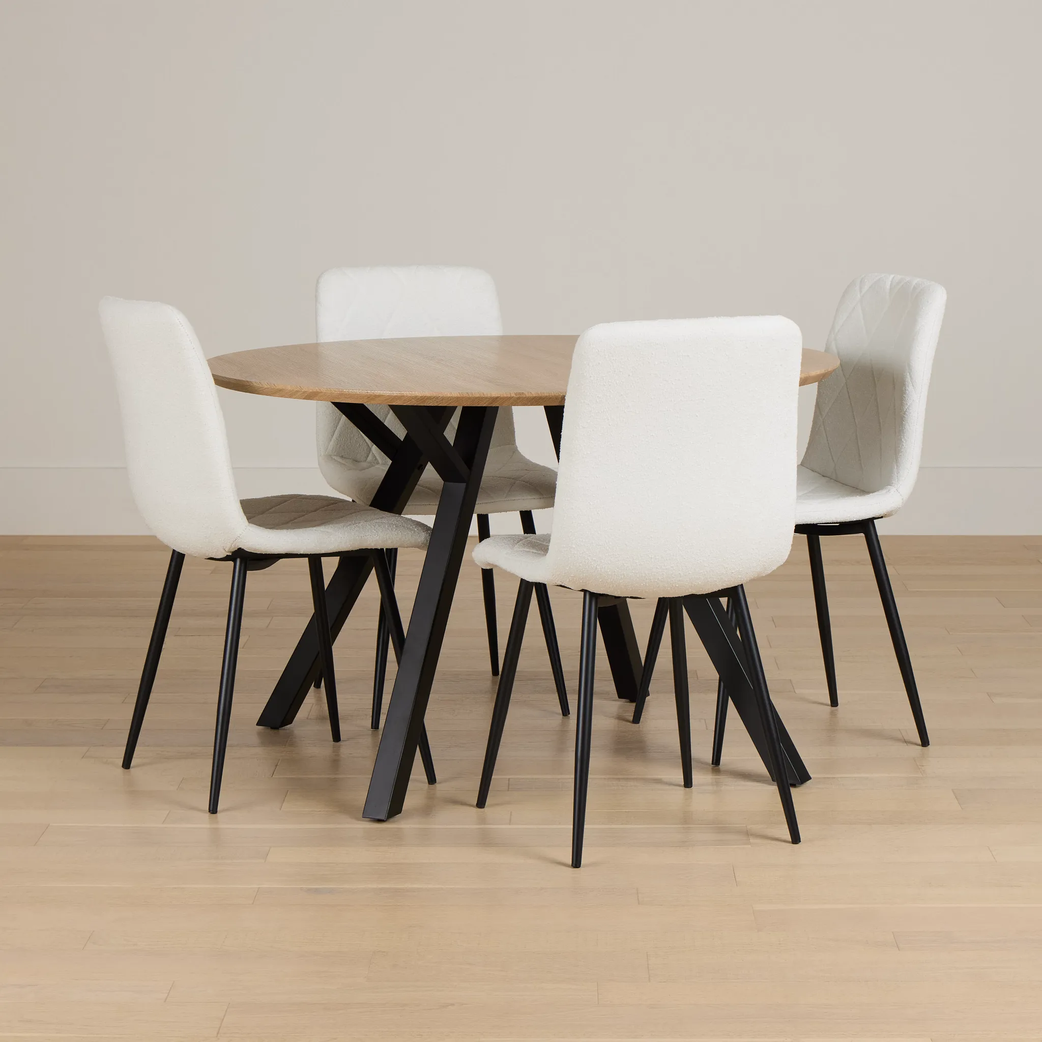 Lynden Light Tone Round Table & 4 White Upholstered Side Chairs