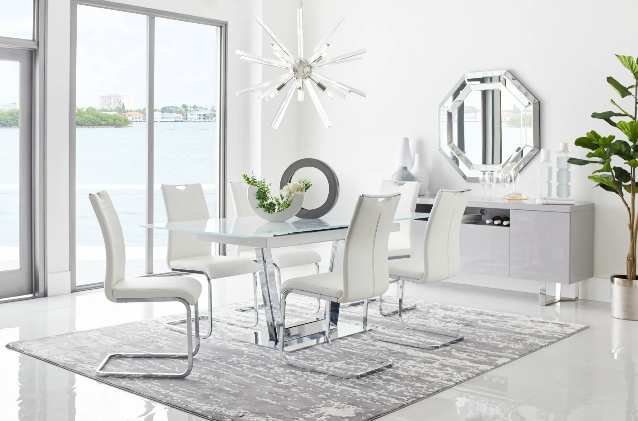 Treviso White Glass Table & 4 Upholstered Chairs