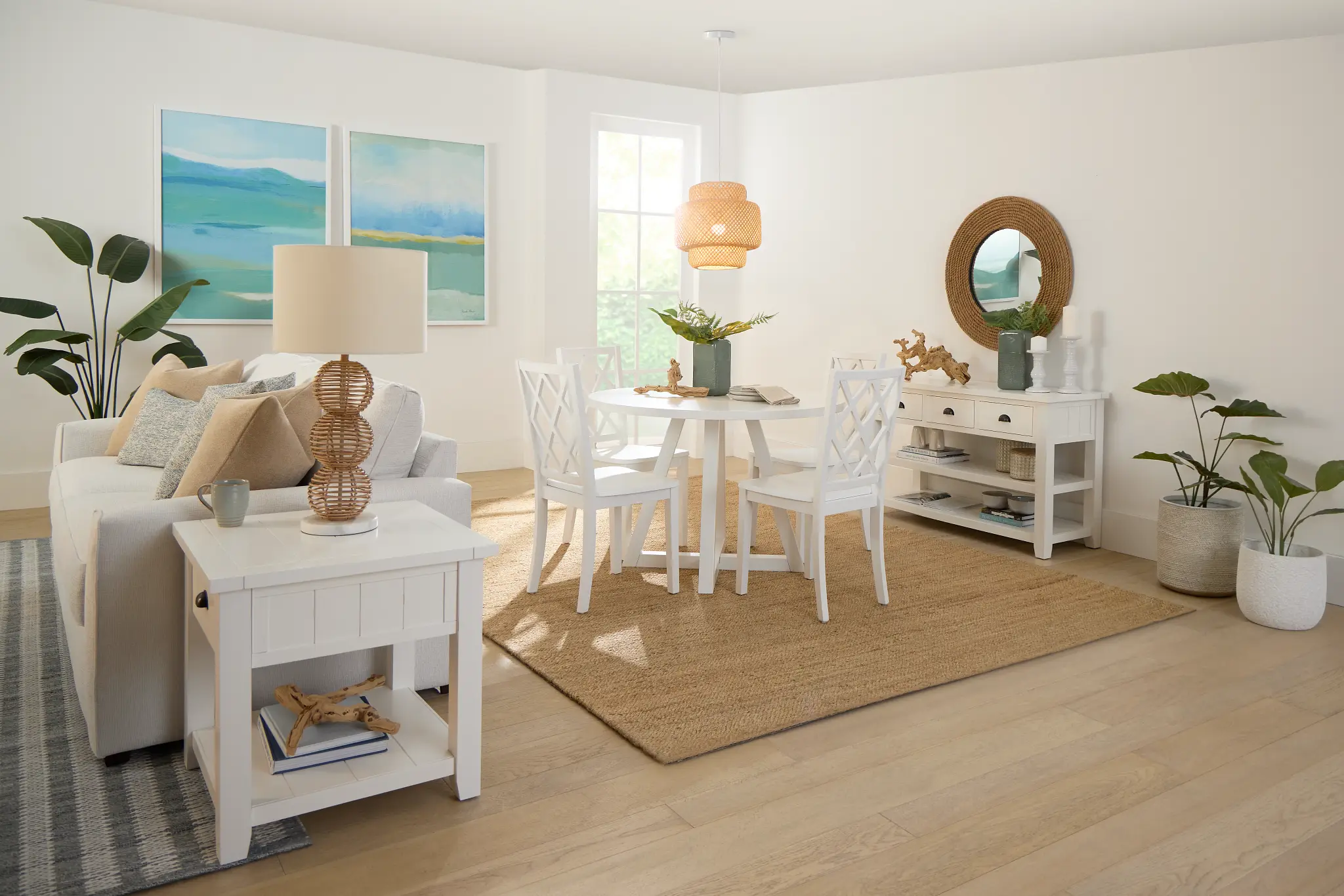 Edgartown White Round Table & 4 White Wood Chairs Edgartown White Round Table & 4 White Wood Chairs
