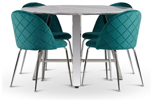 Capri Stainless Steel Dk Teal Round Table & 4 Upholstered Chairs