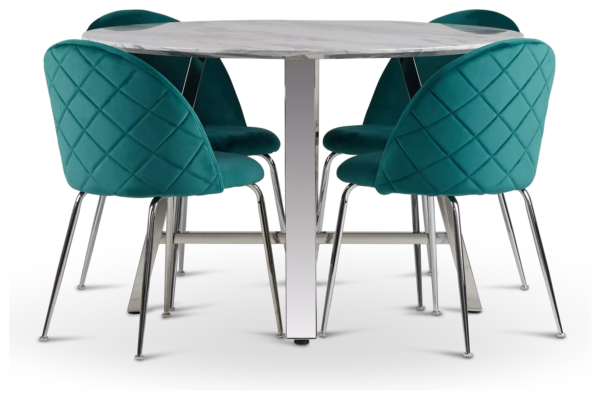 Capri Stainless Steel Dk Teal Round Table & 4 Upholstered Chairs Capri Stainless Steel Dk Teal Round Table & 4 Upholstered Chairs