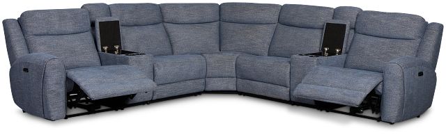 Walker Blue Fabric Large Dual Power Reclining Two-arm Sectional