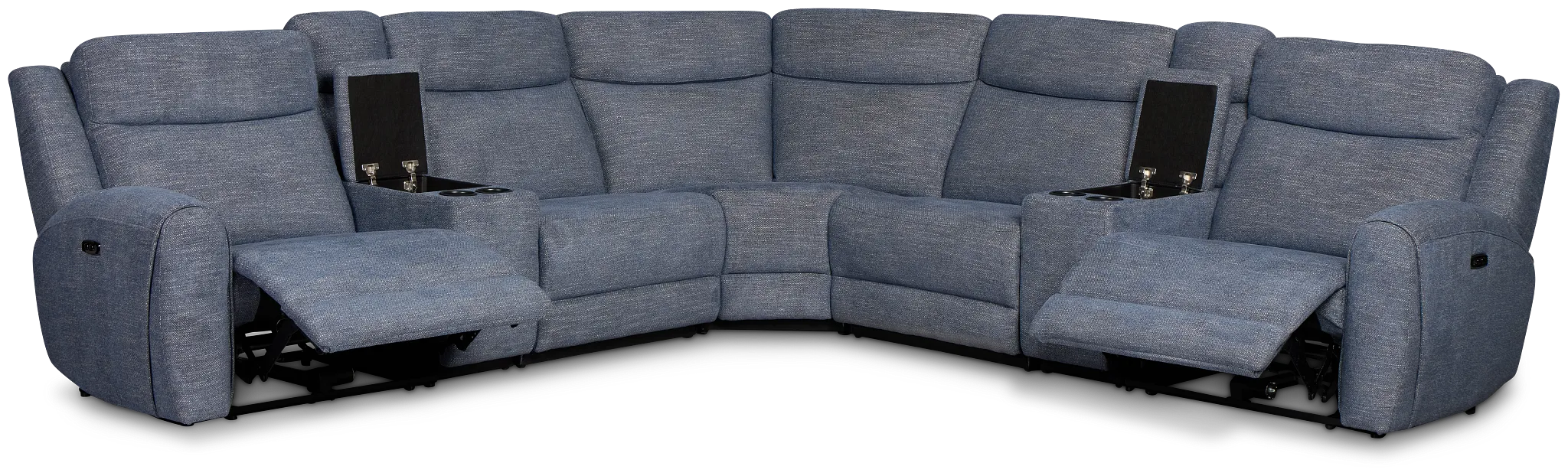 Walker Blue Fabric Large Dual Power Reclining Two-arm Sectional