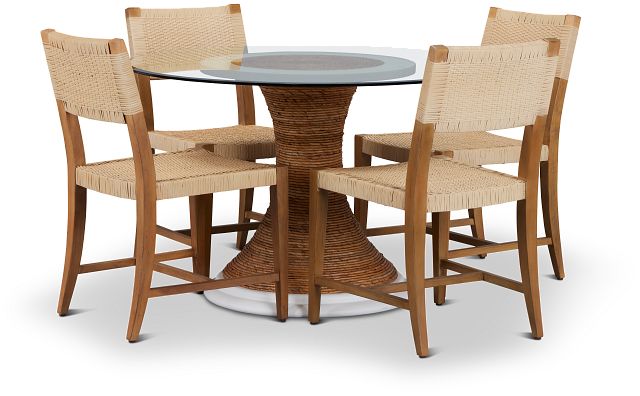 Boca Grande Glass Light Tone Round Table & 4 Woven Chairs (1)