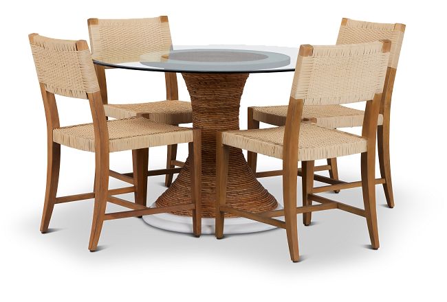 Boca Grande Glass Light Tone Round Table & 4 Woven Chairs