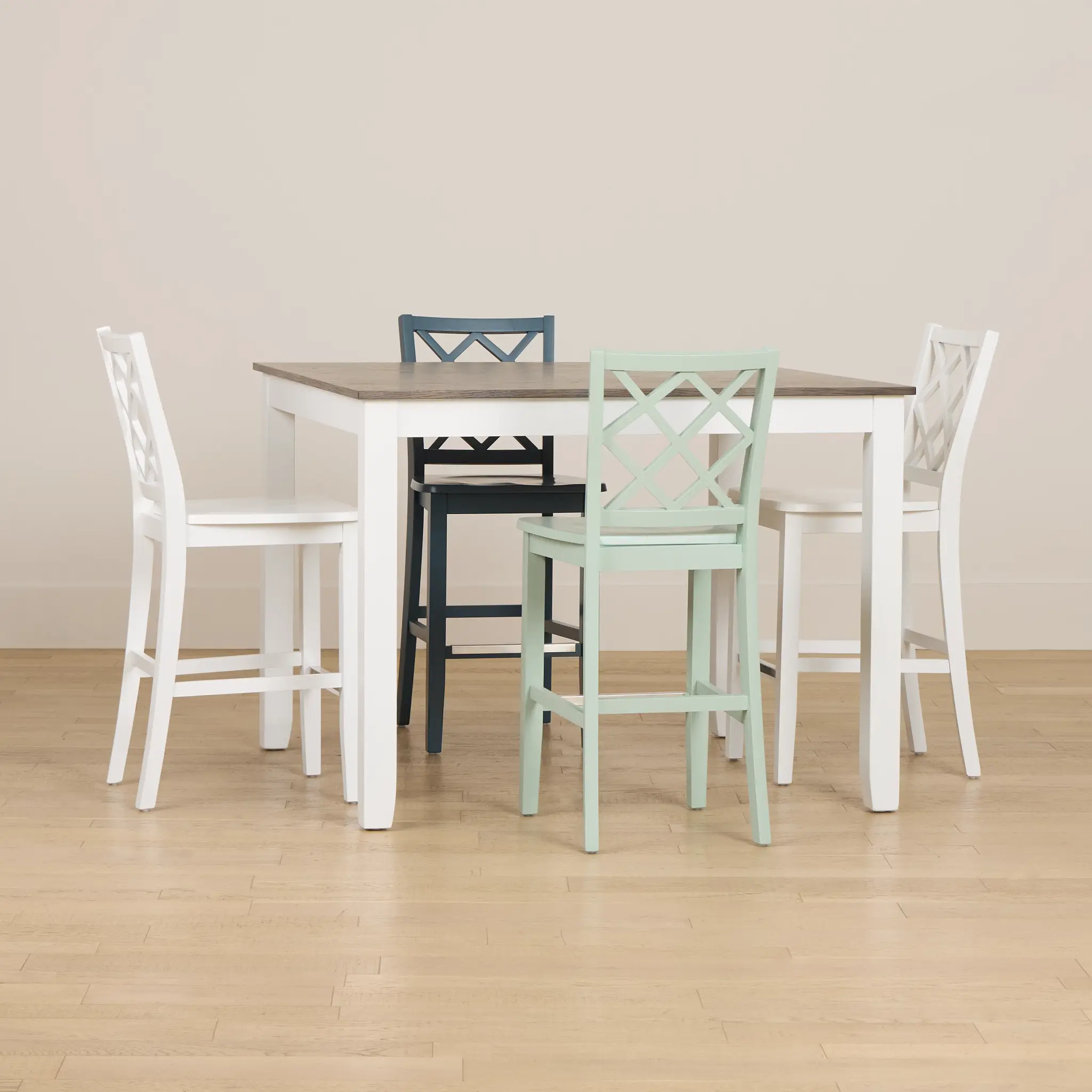 Edgartown Two-tone Square High Table & Mixed Barstools Edgartown Two-tone Square High Table & Mixed Barstools