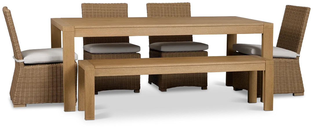 Montecito Mid Tone Table, 4 Chairs & Bench With Light Beige Cushions