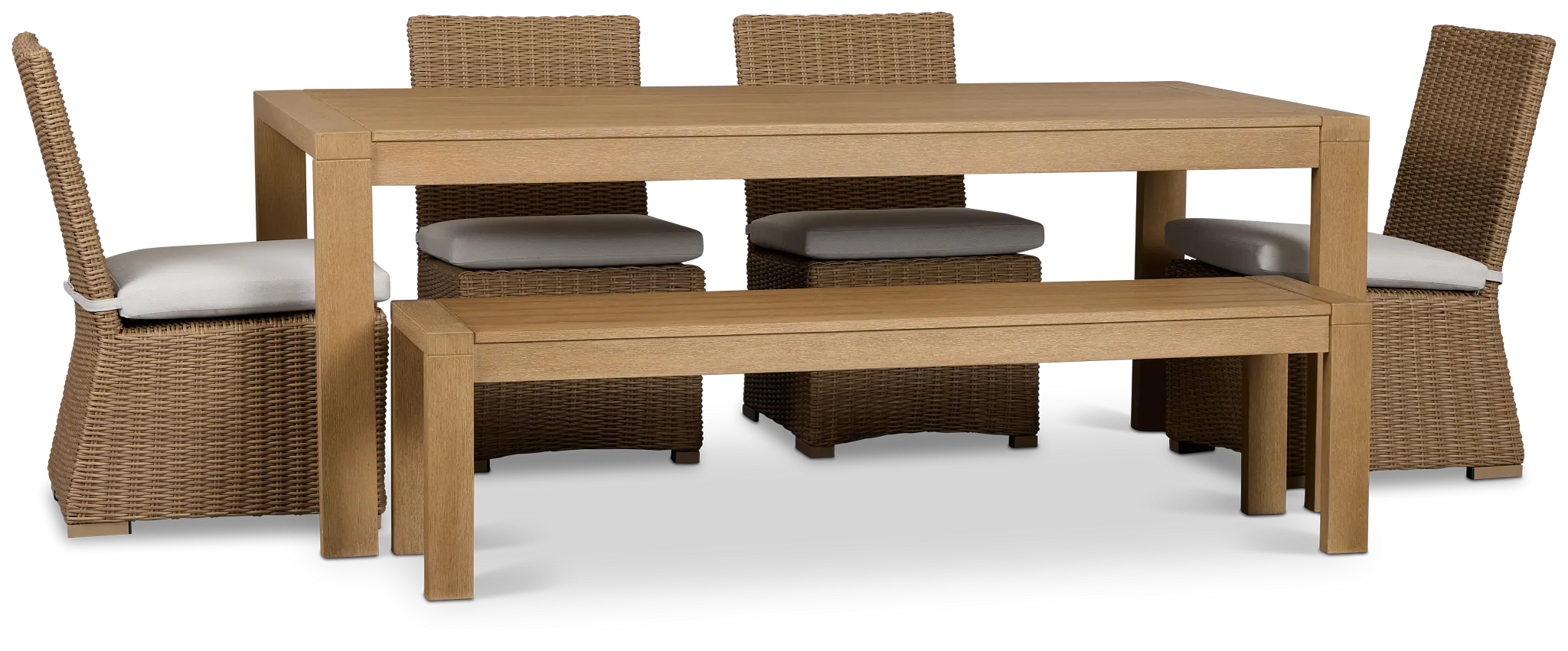 Montecito Mid Tone Table, 4 Chairs & Bench With Light Beige Cushions