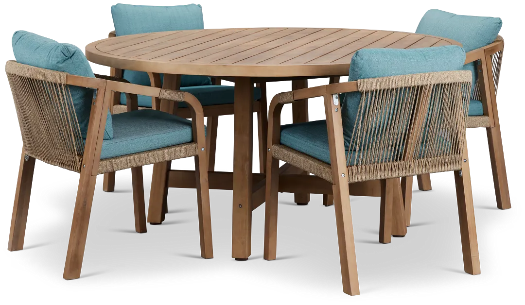 Laguna Light Tone Round Table & 4 Teal Cushioned Chairs