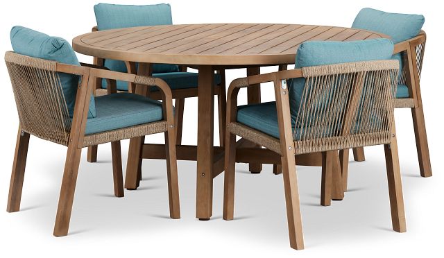 Laguna Light Tone Round Table & 4 Teal Cushioned Chairs