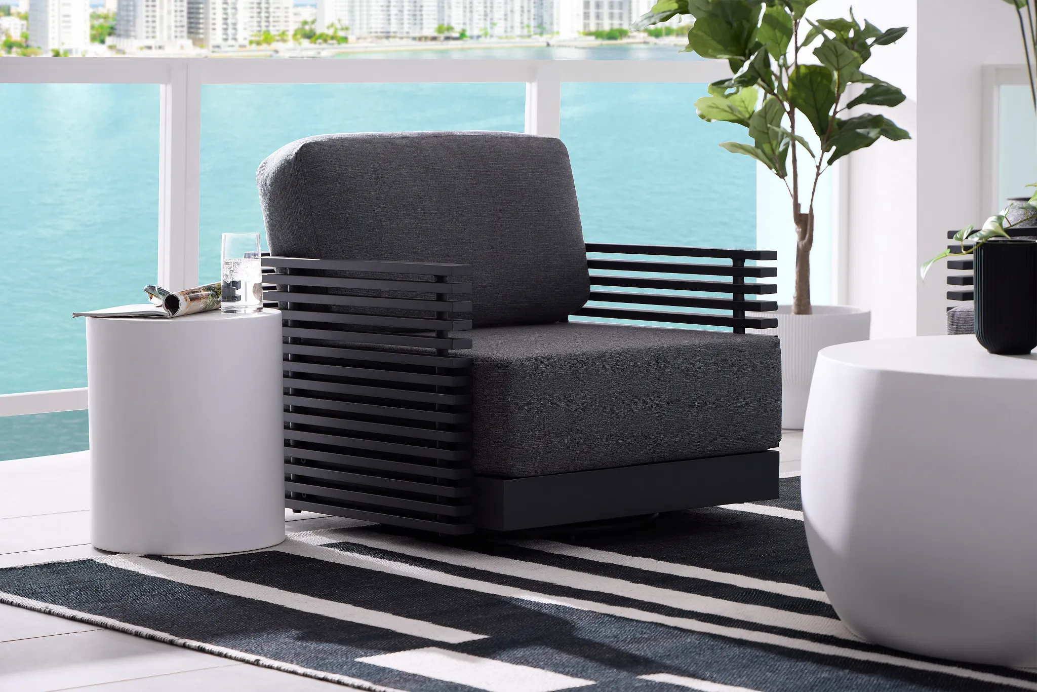 Monterey Black Aluminum Swivel Chair With Gray Cushions