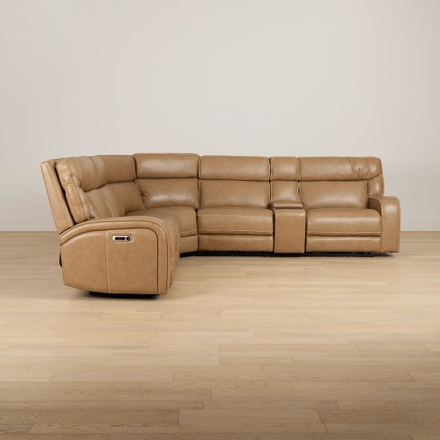 Jasper Light Brown Leather Medium Triple Power 2-arm Sectional