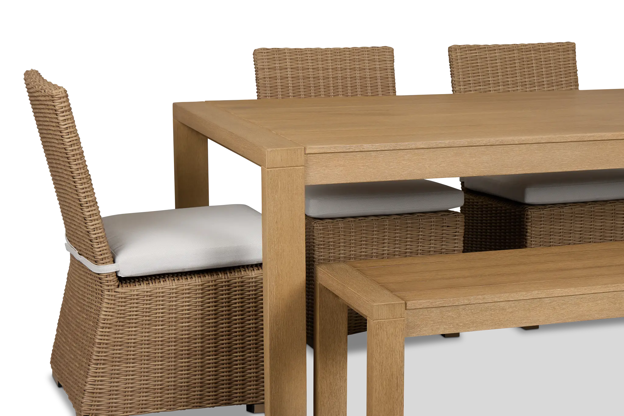 Montecito Mid Tone Table, 4 Chairs & Bench With Light Beige Cushions Montecito Mid Tone Table, 4 Chairs & Bench With Light Beige Cushions