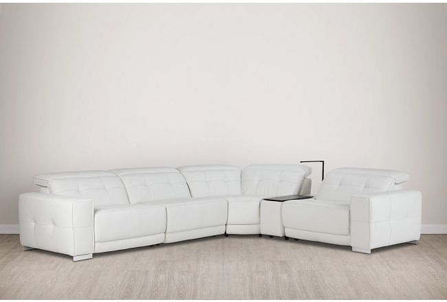 Reva White Leather Small Dual Power Reclining Two-arm Sectional