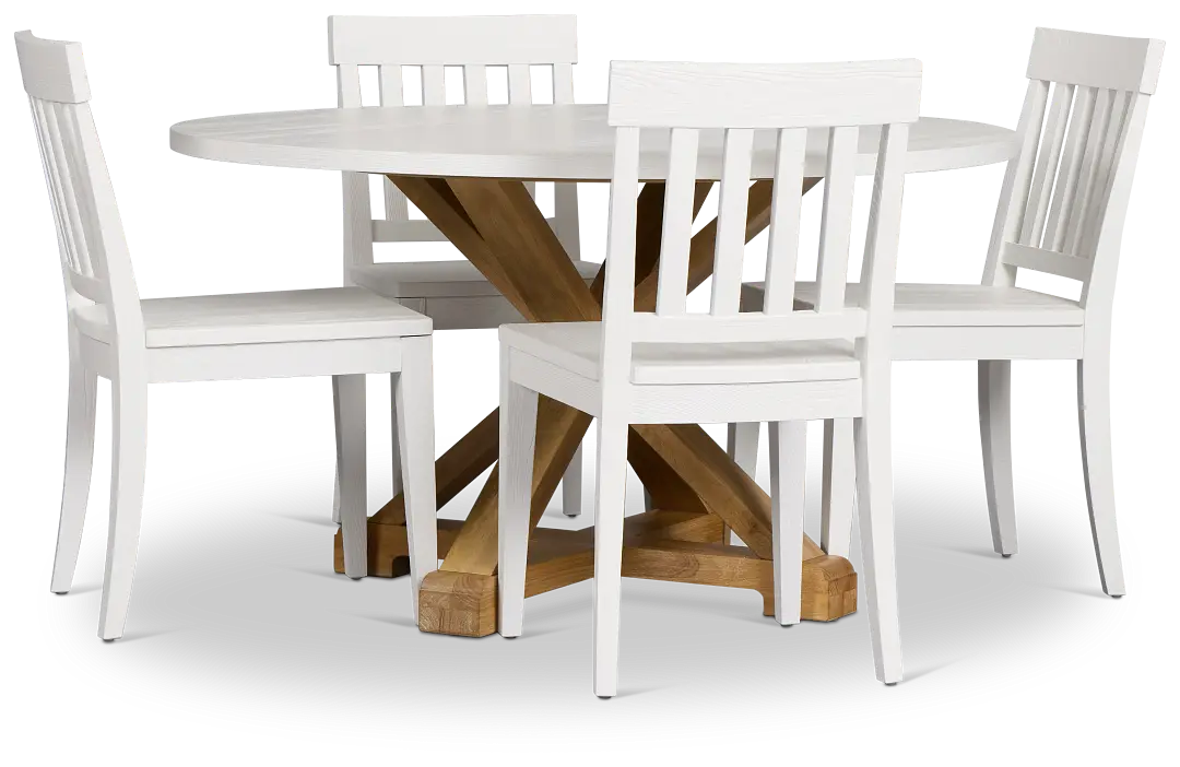 Nantucket Two-tone Pine Round Table & 4 White Chairs Nantucket Two-tone Pine Round Table & 4 White Chairs