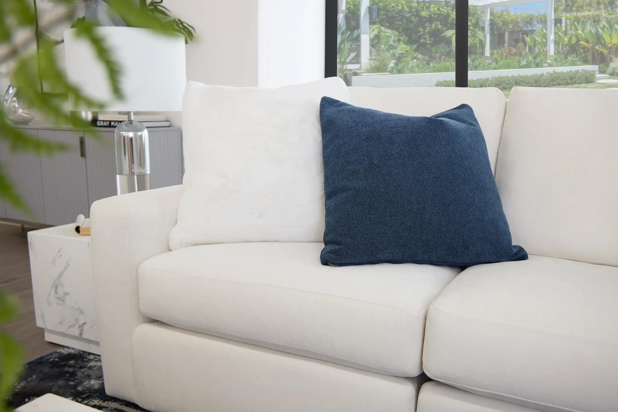 Citymod White Fabric Small Right Chaise Sectional With Media Console Citymod White Fabric Small Right Chaise Sectional With Media Console