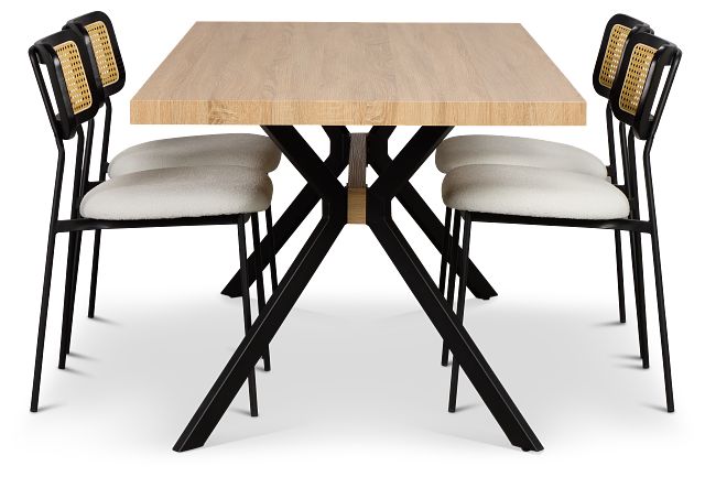 Lynden Light Tone Rect Table & 4 White Woven Upholstered Side Chairs