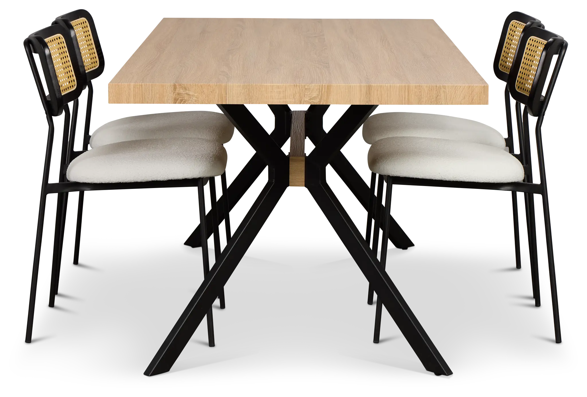 Lynden Light Tone Rect Table & 4 White Woven Upholstered Side Chairs Lynden Light Tone Rect Table & 4 White Woven Upholstered Side Chairs