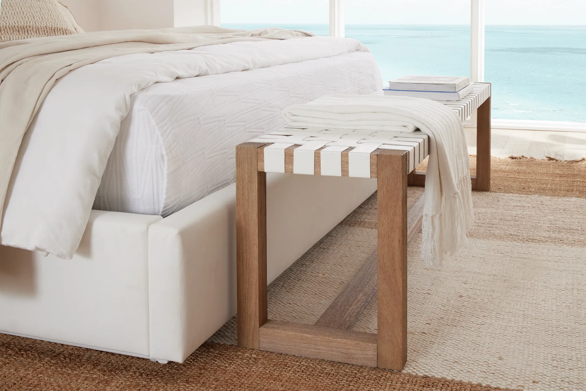 Haven White Woven Upholstered Dining Bench