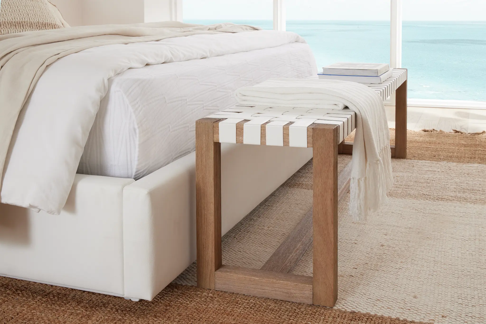 Haven White Woven Upholstered Dining Bench Haven White Woven Upholstered Dining Bench