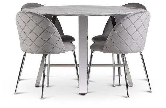 Capri Stainless Steel Gray Round Table & 4 Upholstered Chairs