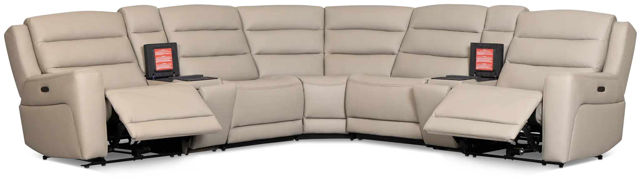 Wilder Taupe Leather Large Dual Power Sectional W/refrigerated Console Wilder Taupe Leather Large Dual Power Sectional W/refrigerated Console