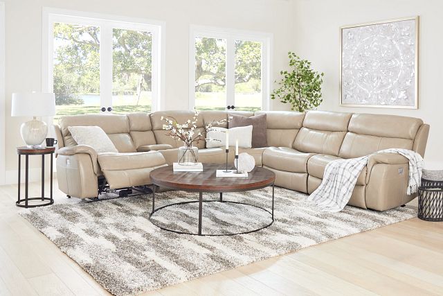 Graham Light Beige Lthr/vinyl Medium Triple Power 2-arm Sectional