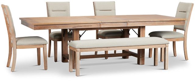 Park City Light Tone Rect Table With 4 Upholstered Side Chairs & Bench