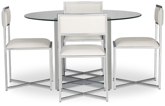 Amalfi White Glass Round Table & 4 Metal Chairs