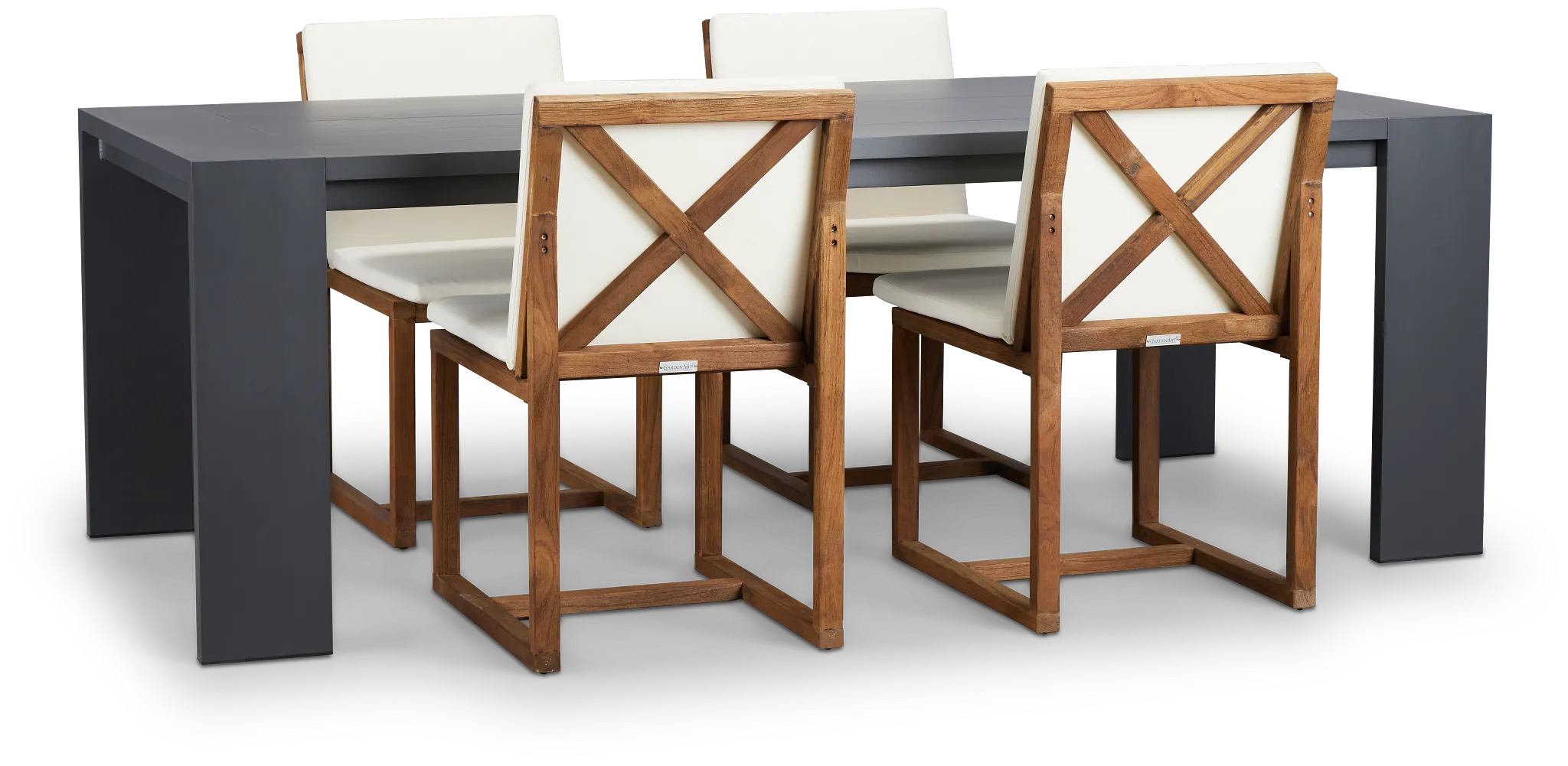 Linear Dark Gray White 87" Aluminum Table & 4 Teak Cushioned Side Chairs