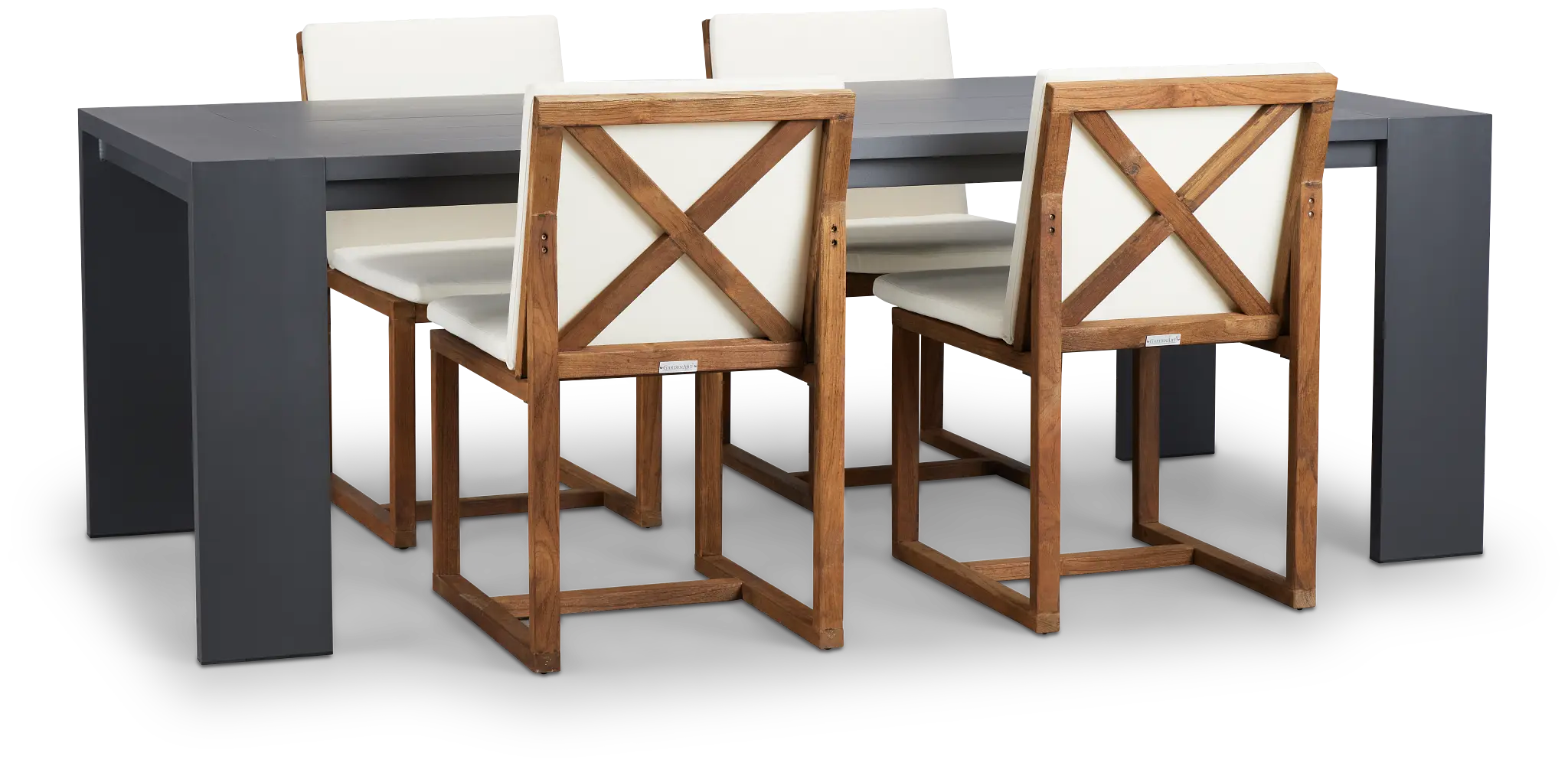 Linear Dark Gray White 87" Aluminum Table & 4 Teak Cushioned Side Chairs Linear Dark Gray White 87" Aluminum Table & 4 Teak Cushioned Side Chairs