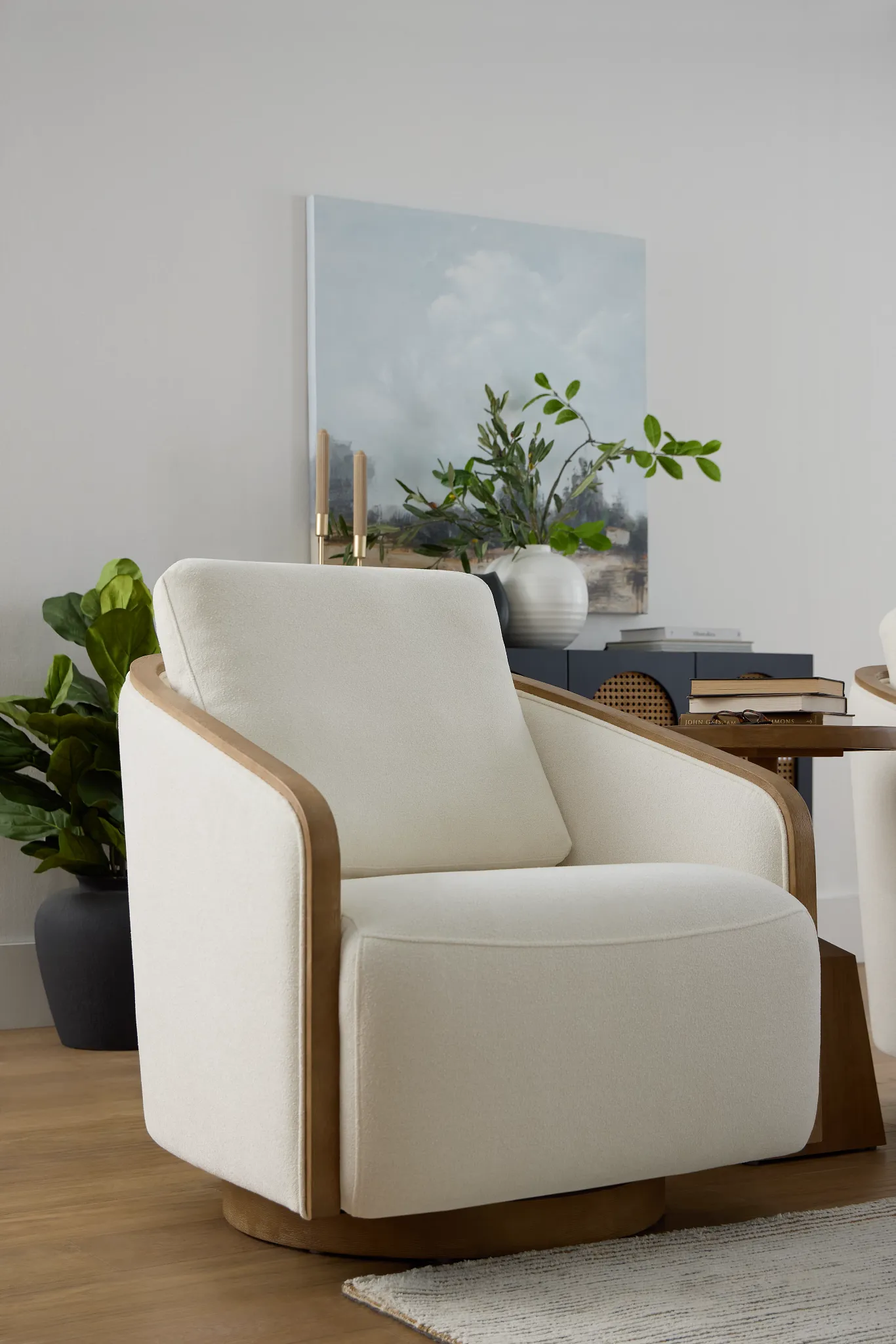 Campbell White Fabric Swivel Accent Chair