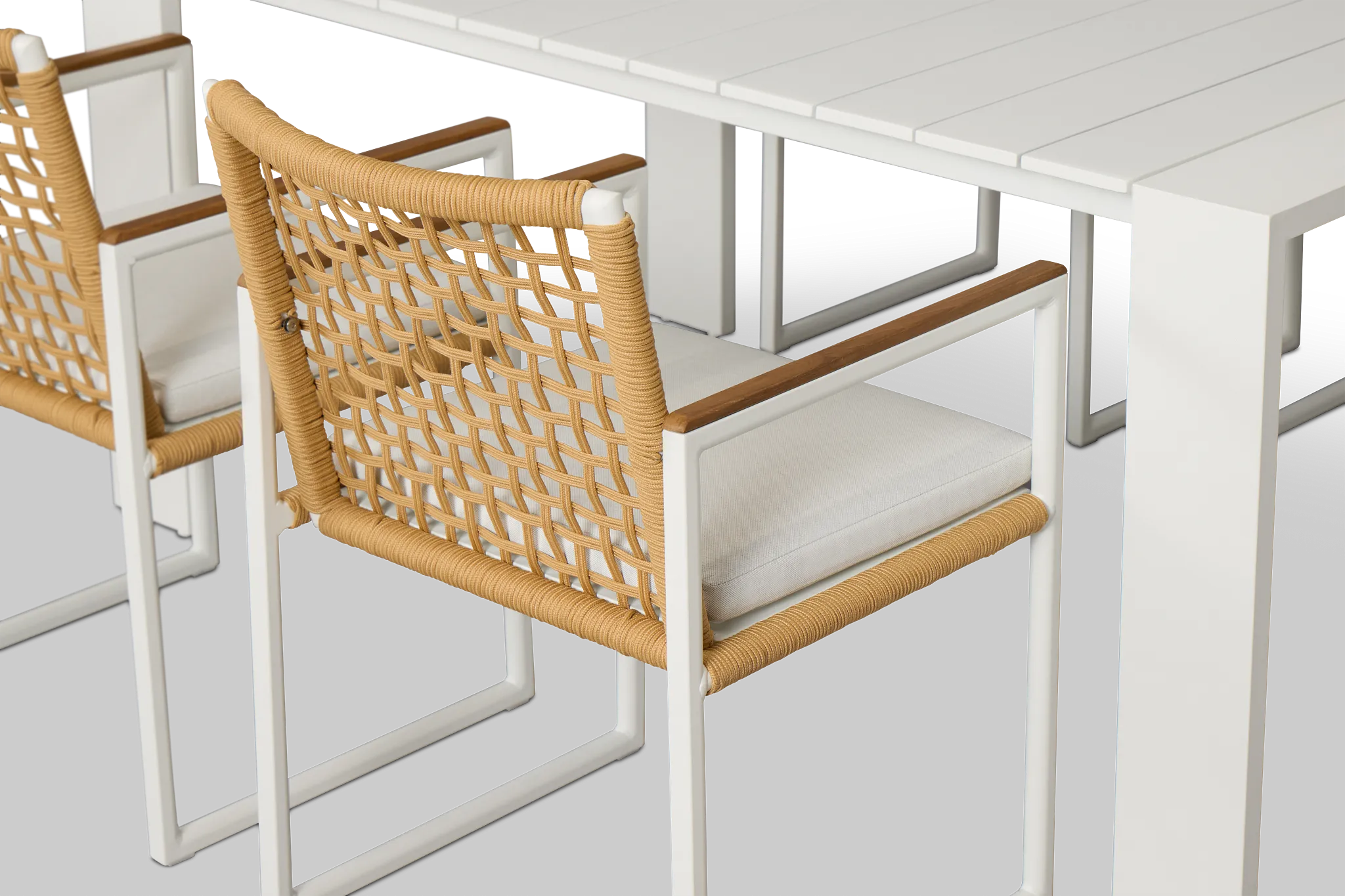 Sunrise White 65" Rectangular Table & 4 Teak Arm Chairs