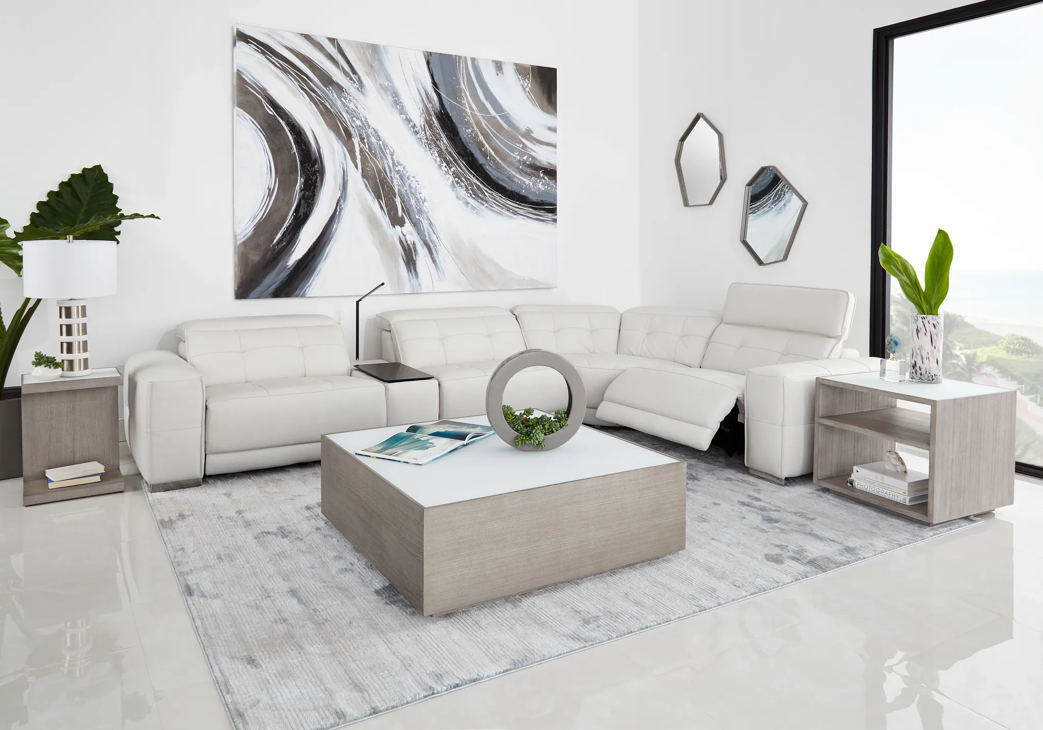 Reva White Leather Small Triple Power Reclining Two-arm Sectional