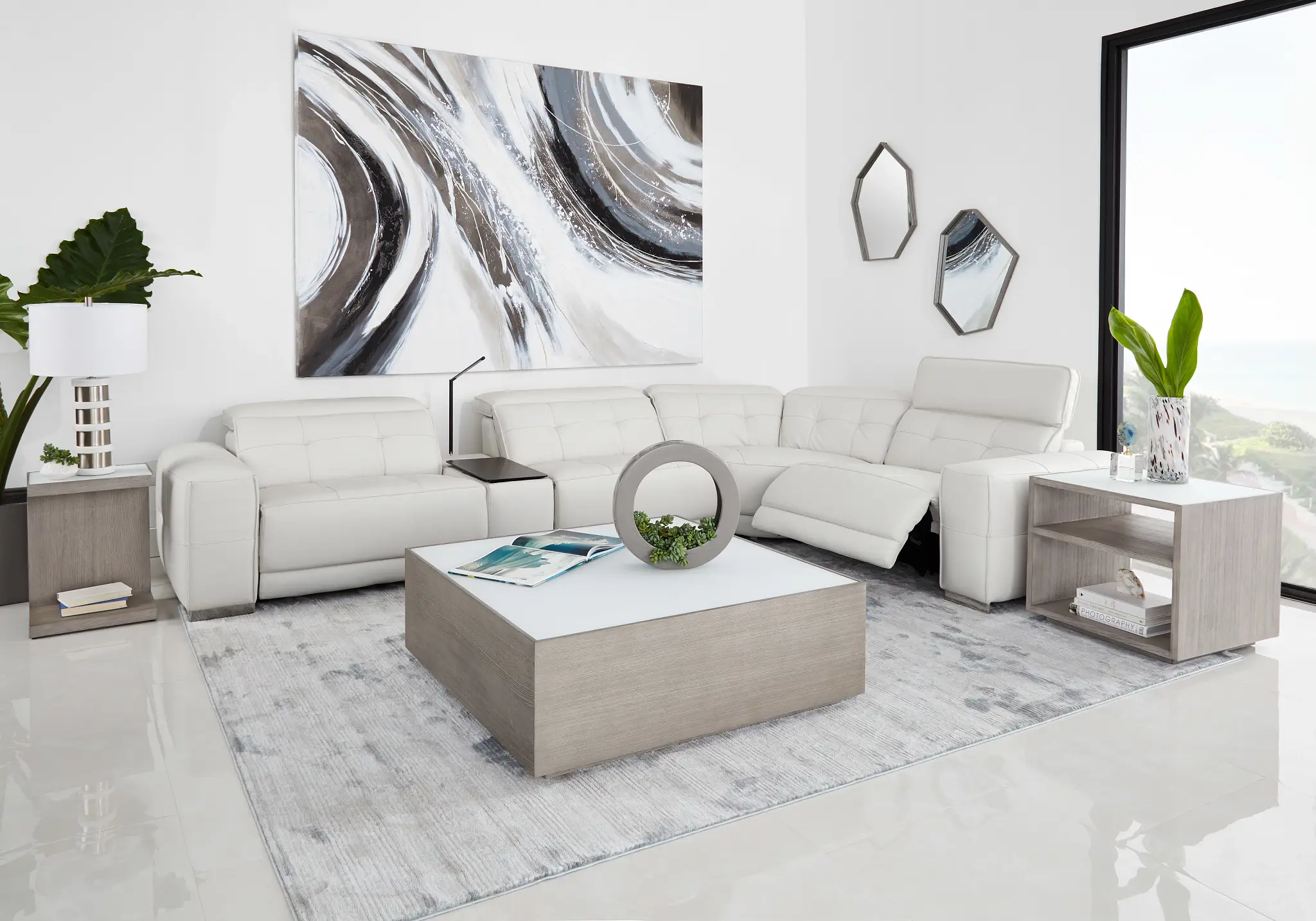 Reva White Leather Small Triple Power Reclining Two-arm Sectional Reva White Leather Small Triple Power Reclining Two-arm Sectional