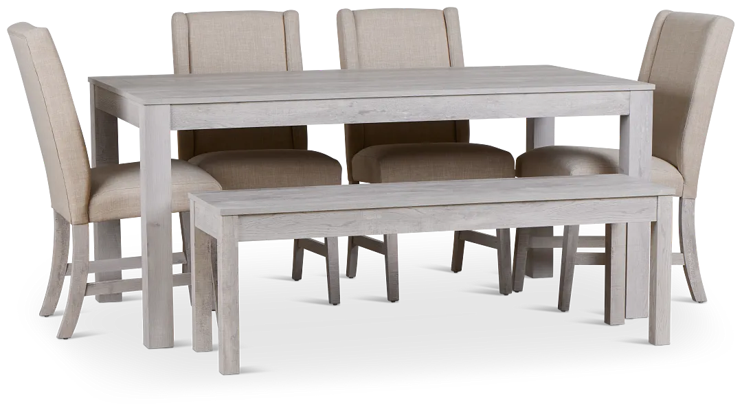 Delray White Rect Table, 4 Chairs & Bench