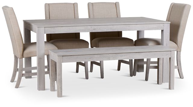Delray White Rect Table, 4 Chairs & Bench