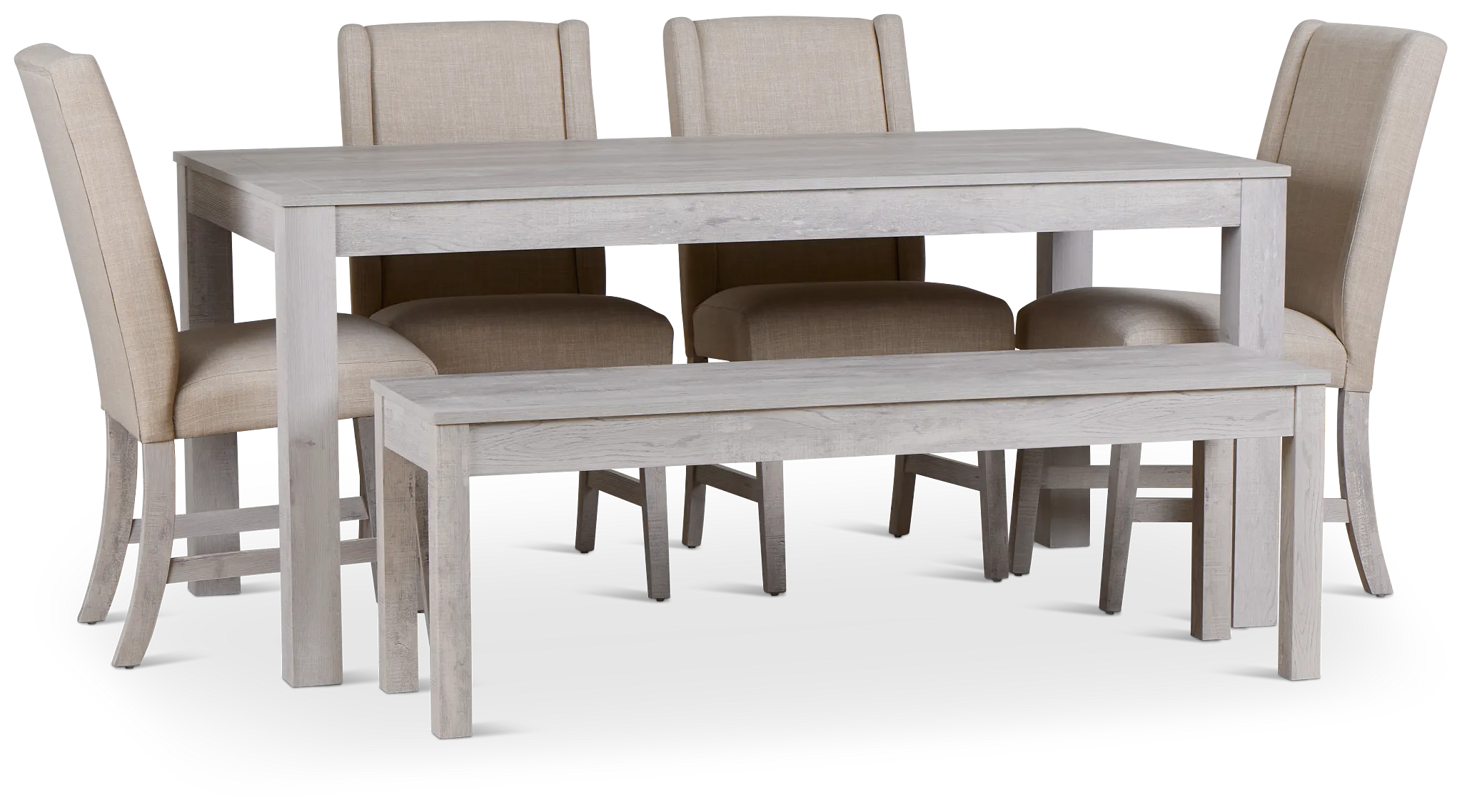 Delray White Rect Table, 4 Chairs & Bench