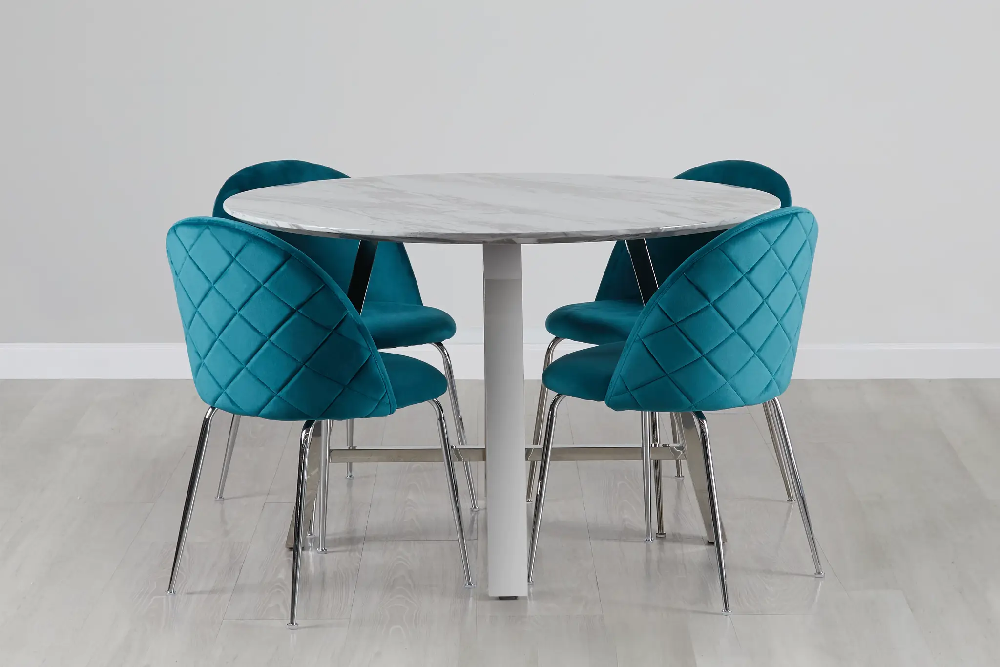 Capri Stainless Steel Dk Teal Round Table & 4 Upholstered Chairs Capri Stainless Steel Dk Teal Round Table & 4 Upholstered Chairs