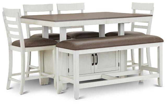 Huntsville Two-tone Rect High Table, 4 Barstools & High Bench