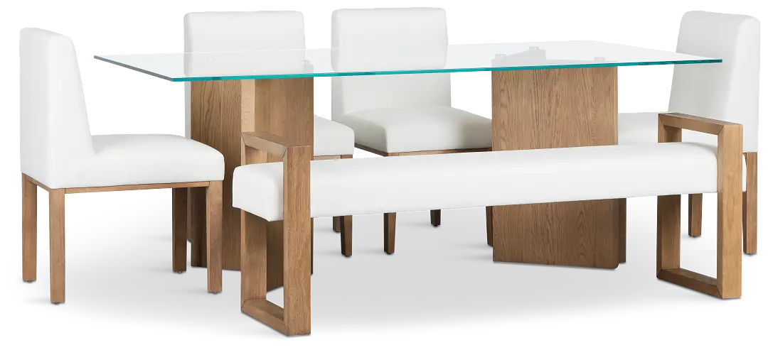 Haven Glass 80" Rectangular Table With 4 Side Chairs & Bench Haven Glass 80" Rectangular Table With 4 Side Chairs & Bench
