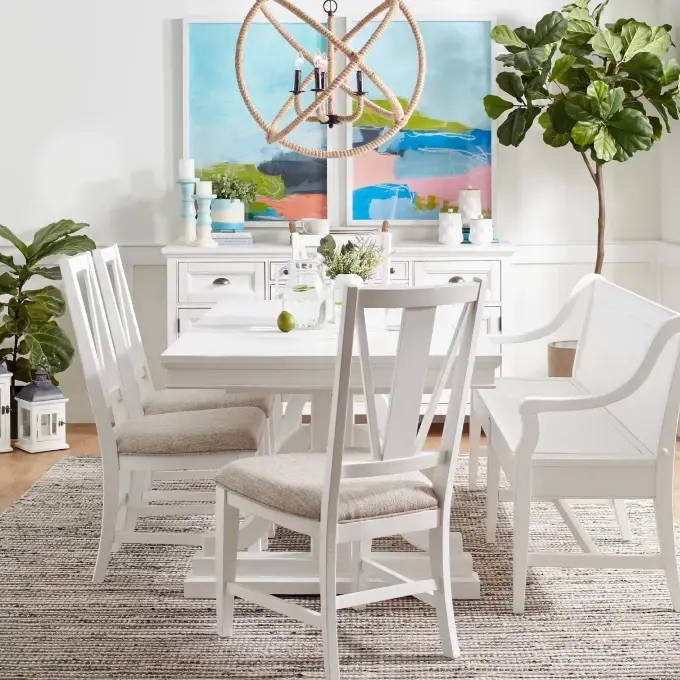 White Trestle Rectangular Table & 4 Upholstered Chairs