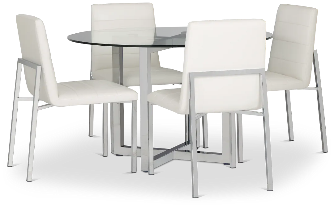 Amalfi White Glass Round Table & 4 Upholstered Chairs